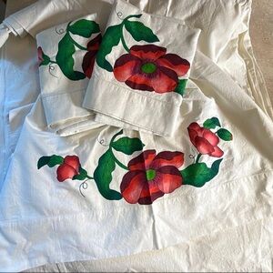 Vintage Hand painted floral Cottagecore queen flat sheet & x2 pillowcases set